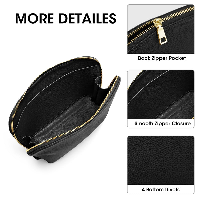 Kattee Leather Makeup Bag Set for Women, 2 Pack, Black | Two leather travel cosmetic bags for makeup, toiletries, and daily essentials. 2-Pack, Medium+Large