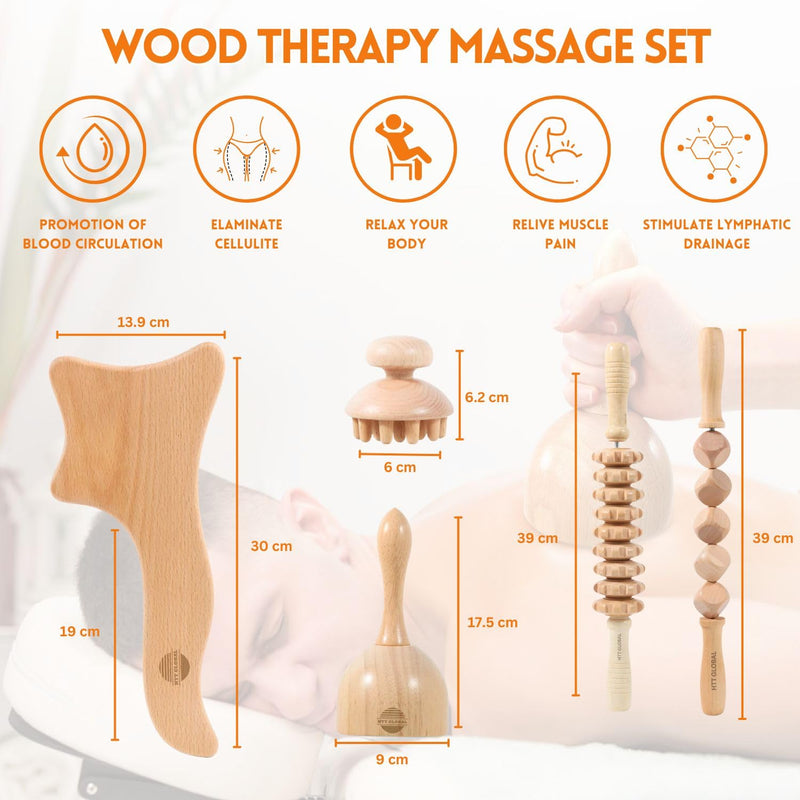 [Australia] - Wood Therapy Massage Tools, Maderoterapia Kit with Lymphatic Drainage Massager, Wooden Body Sculpting Tools, Pain Relief Wooden Massage Roller, Wood Therapy Tools for Body Sculpting & Shaping (5Pcs) 