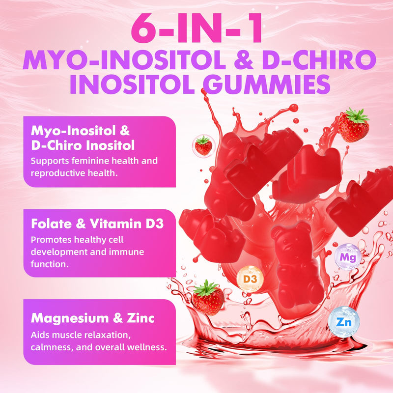 softbear Inositol Supplement for Women, Myo-Inositol & D-Chiro Inositol Gummies 1000mg with Vitamin D3 for POCS Support & Female Wellness, Sugar-Free/Veagn/GMO-Free, Strawberry Flavor, 120 Count 60 Count (Pack of 2)