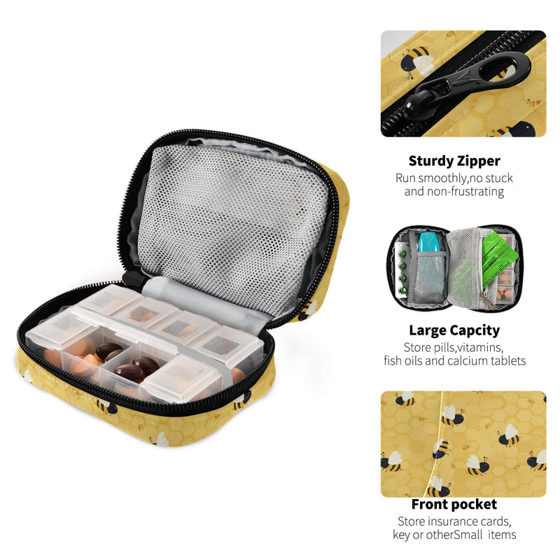 Yellow Bee Honeycomb Pill Organizer Case 7 Day Travel Pill Box with Zipper Portable Weekly Vitamin Medicine Supplement Holder Pouch Bag