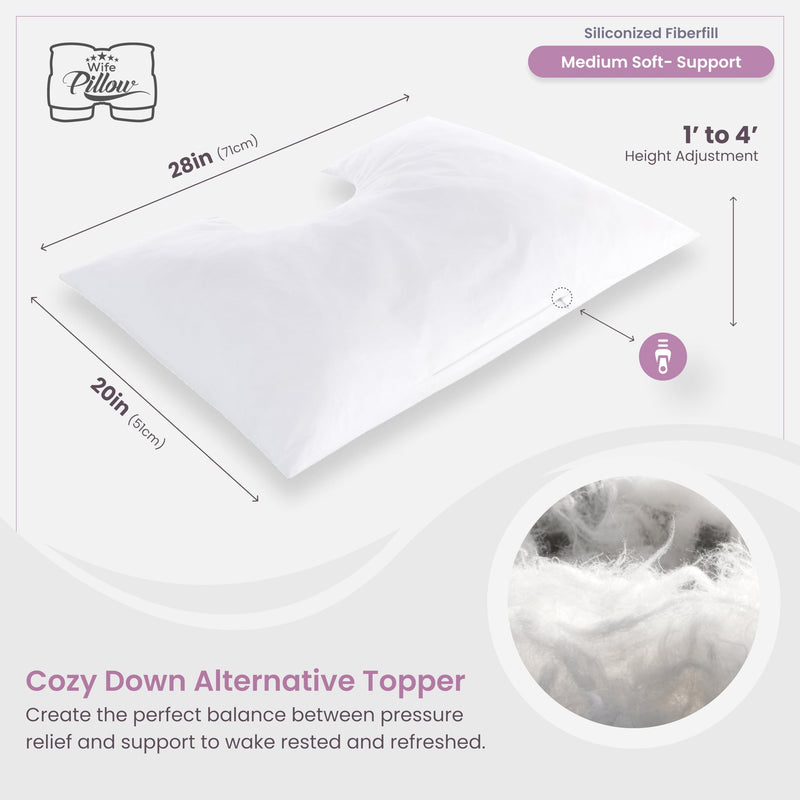[Australia] - Wife Pillow - Topper, Down Alternative Premium Siliconized Fiberfill - Machine Wash & Dry. Adjustable for Side Sleepers by Zipper Access, Add or Remove Filling for Best Sleeping: Medium Support Insert - Fiber Fill Down Alternative, White/ Beige 
