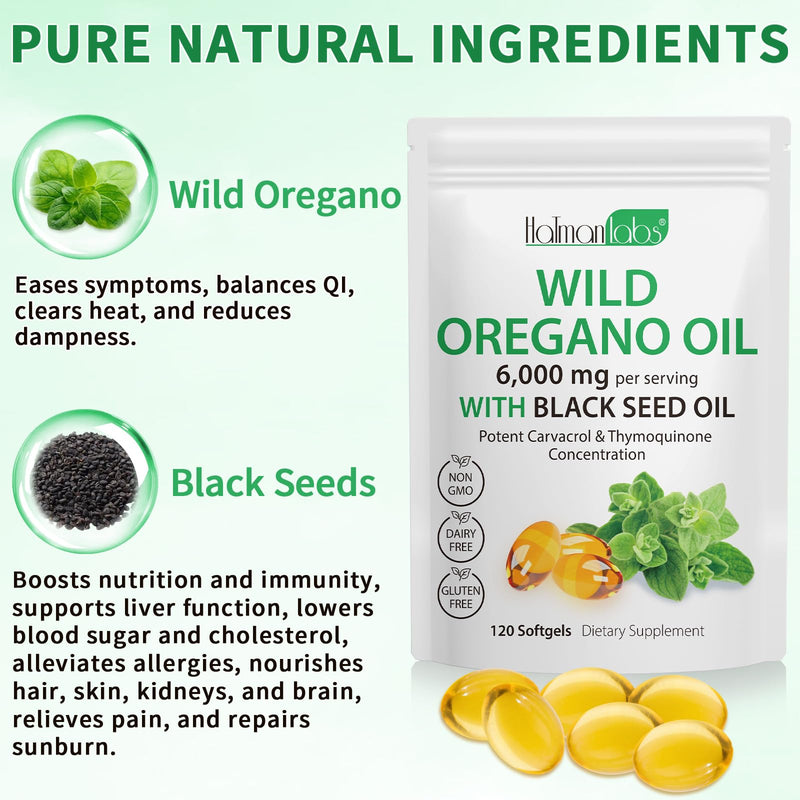 2 Pack Oil of Oregano Softgels, 2 in 1 6000mg Oil of Oregano with Black Seed, Oregano Supplement Capsules, Natural Antioxidants, Non-GMO, Gluten Free, 120 Softgels