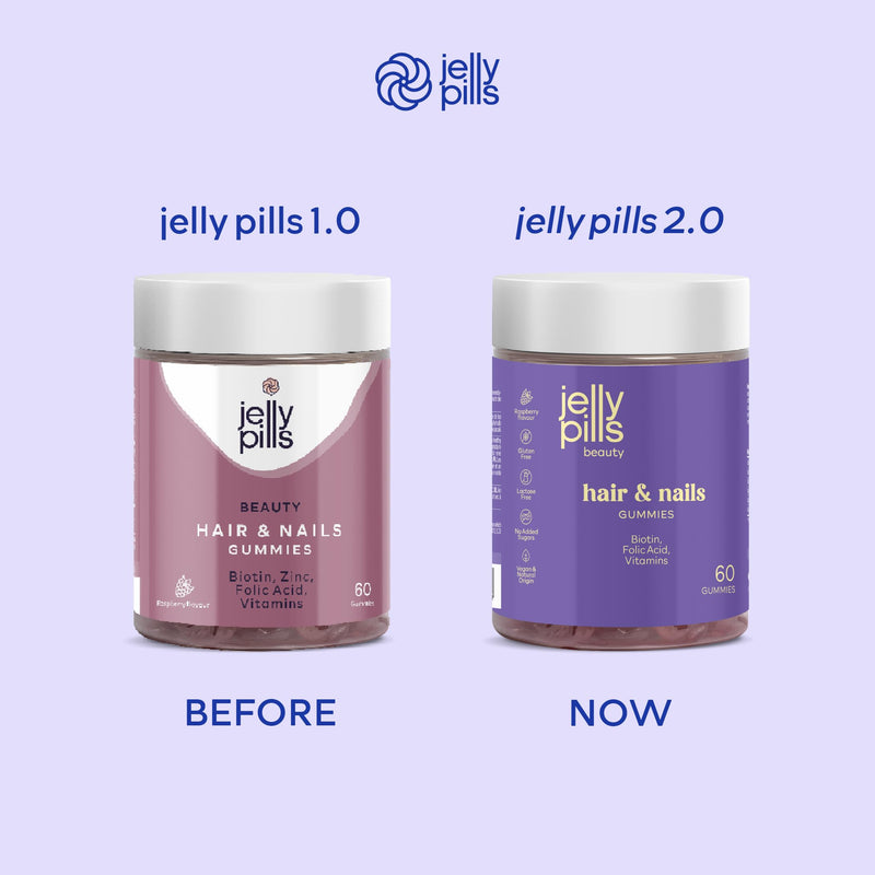 Jelly Pills® Gummies with Biotin 5000 mcg, Folic Acid and 7 Vitamins - No Added Sugars - 60 Raspberry Flavoured Vegan Gummies to Reduce Hair Loss - Hair and Nails