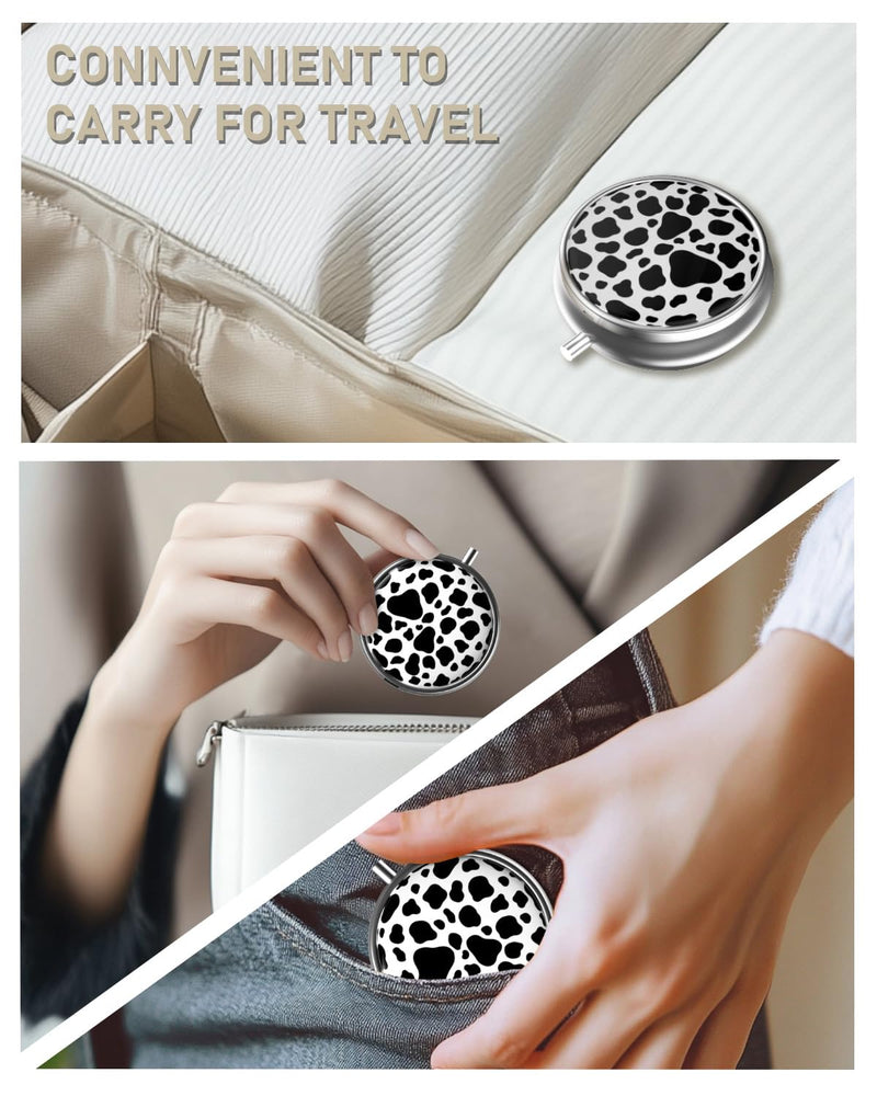 Pill Box, 3 Compartment Portable Travel Medicine Box with Mirror | Compact and Cute, Fits in Purse and Pocket, Medicine and Vitamin Organizer, Cow