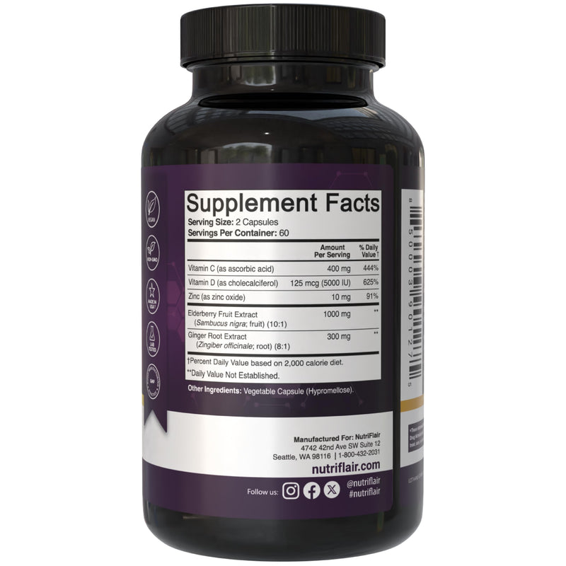 NutriFlair Sambucus Elderberry Capsules, 120 Capsules (2-Month Supply) - Elderberry Extract with Vitamin C, Vitamin D3, Zinc & Ginger - Daily Wellness Support