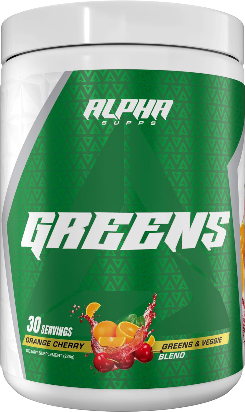 Alpha Supps - Alpha Greens Supplement | Fruit & Vegetable Superfood Powder | Over 40 Natural Plant Based Ingredients | Prebiotic & Probiotic Digestive Support Blend - 30 Servings (Orange Cherry) Orange Cherry