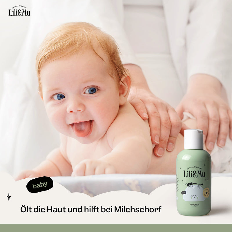 [Australia] - Lili&Mu natural care oil, nourishing baby oil 150 ml - baby care massage oil with jojoba oil marigold extract vitamin E, oil for delicate baby skin, vegan body oil ideal for baby massage - body oil 