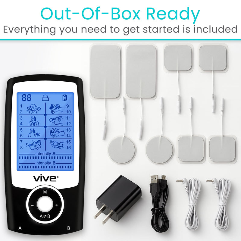 Vive Tens Unit Muscle Stimulator- Stim Machine with Self Sticking | Electrodes Pads, Massager for Upper & Lower Back, Sciatica, Neck Pain Relief, Electric Shock Therapy for Muscles & Pain Black