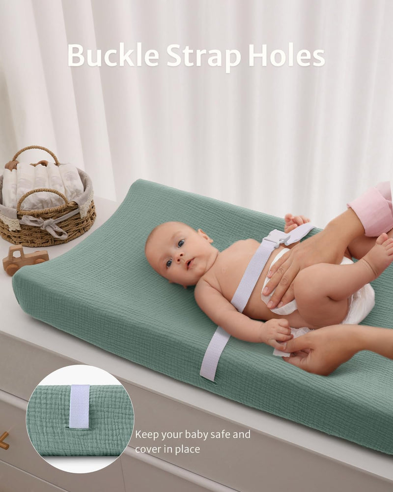 [Australia] - Blissful Diary Muslin Changing Pad Cover for Girls Boys, Ultra Soft Breathable Cotton, Baby Diaper Change Table Pad Covers, 2Pack (Roman Green&Leaf) Roman Green & Leaf 