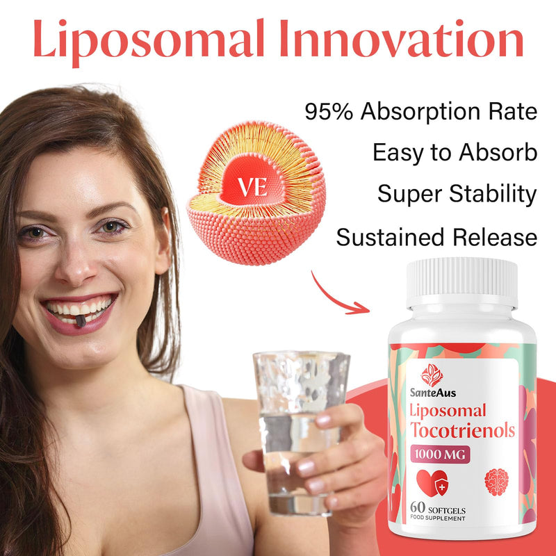 Liposomal Tocotrienols Supplement 1000mg, Vitamin E, High Bioavailability, 95% Delta & 5% Gamma Tocotrienol Capsules, for Immune, Bone, Skin, and Antioxidant Support, No Fillers, No Soy 60 count (Pack of 1)