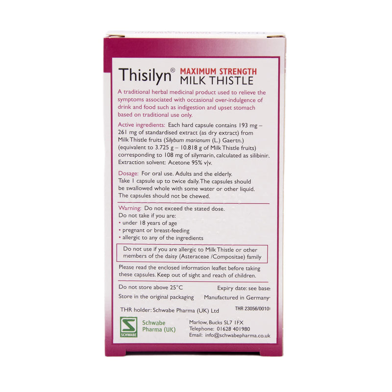 Schwabe High Strength Milk Thistle - Thisilyn Maximum Strength - Traditionally Used for Relief of Overindulgence, Indigestion, Upset Stomach - Traditional Herbal Medicinal Product - 30 Capsules