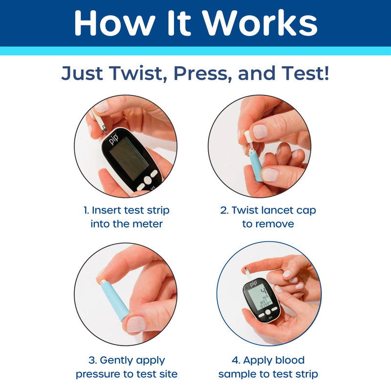 Pip Blood Glucose Monitor Kit - Preloaded Lancets, No Lancing Device Needed - Virtually Painless Fingersticks - Includes Glucometer, 50 Blood Sugar Test Strips, 50 All-in-One Lancets, Travel Case 50ct Kit