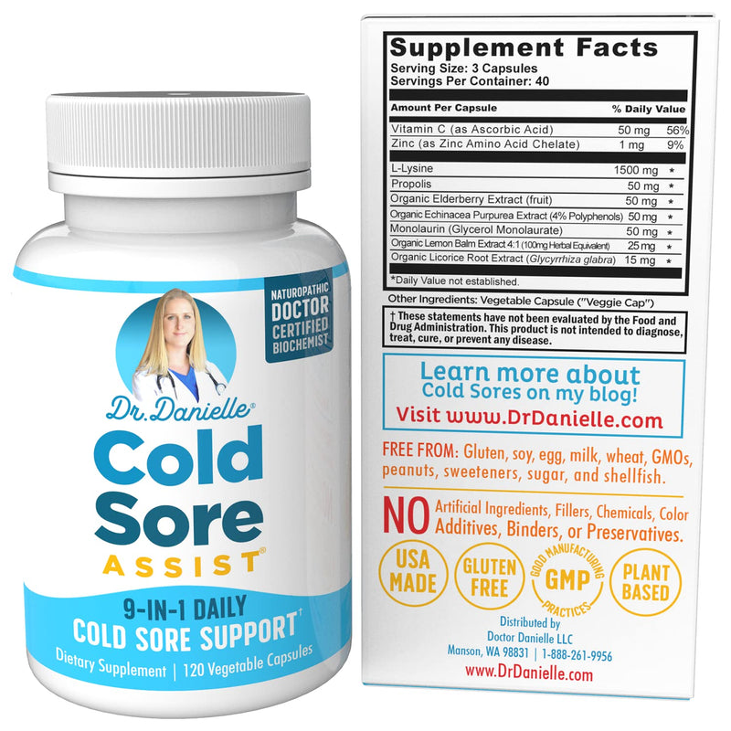 [Australia] - Best Cold Sore Supplement with Lysine and Lemon Balm - Dr. Danielle Cold Sore Assist - 120 Capsules 