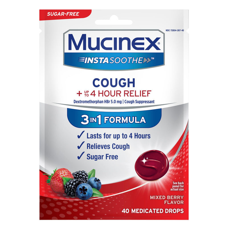 [Australia] - Mucinex Instasoothe Sugar Free Cough Drops, Cough Medicine for Adults with Dextromethorphan HBr, Non Menthol Cough Drops, Cough Suppressant Lozenges, Mixed Berry Medicated Cough Drops, 40ct 