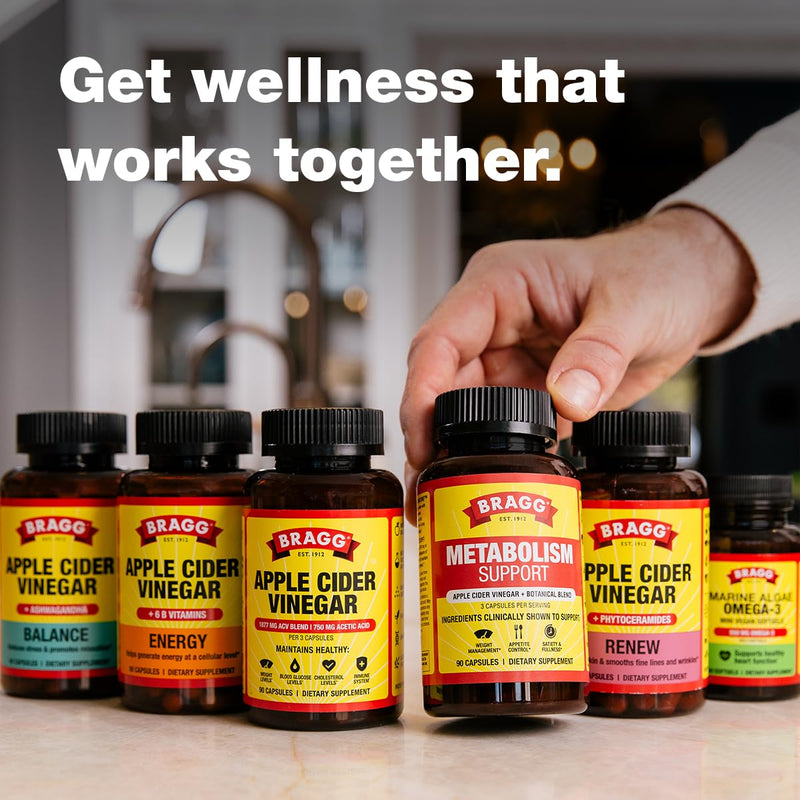 Bragg Apple Cider Vinegar Capsules - Daily Wellness Vitamin D & Zinc - 3pk | Organic, gluten-free, non-GMO formula, no artificial preservatives, easy-to-swallow, daily wellness support 90 Count (Pack of 3)