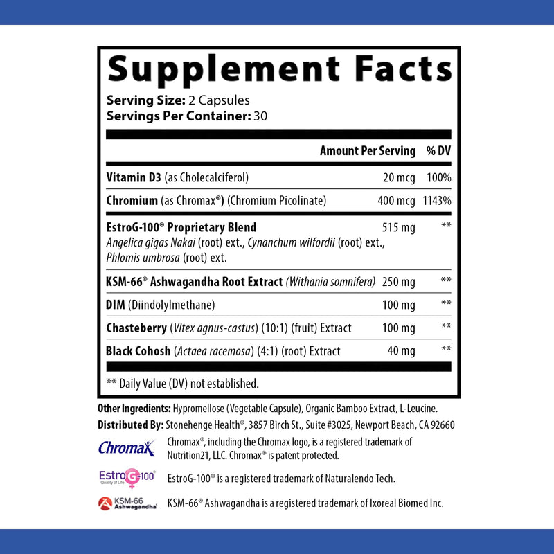 [Australia] - Stonehenge Health for Women Menopause Support for Peri + Menopause + Post - Mood, Energy, Stress, Hot Flashes, Night Sweats, Sleep & Cortisol, Chromax Chromium, Vitamin D3, KSM-66 Ashwagandha Extract 