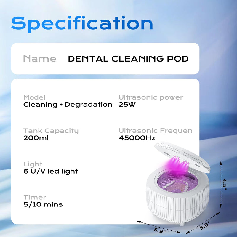 [Australia] - Ultrasonic Retainer Cleaner Machine, 45khz 25W Dental Cleaning Pod for Denture, Mouth Guard, Aligner, Night Guard, Braces, Ring and Jewelry, 200ml Portable White 