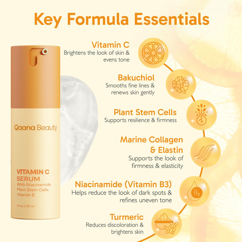 Qaana Super Vitamin C Face Serum for Mature Skin: 7-in-One Hydrating Anti-Aging Formula with Vitamin C, Hyaluronic Acid, Caffeine-Firming, Lifting, Targets Wrinkles, Dark Spots 1 fl oz