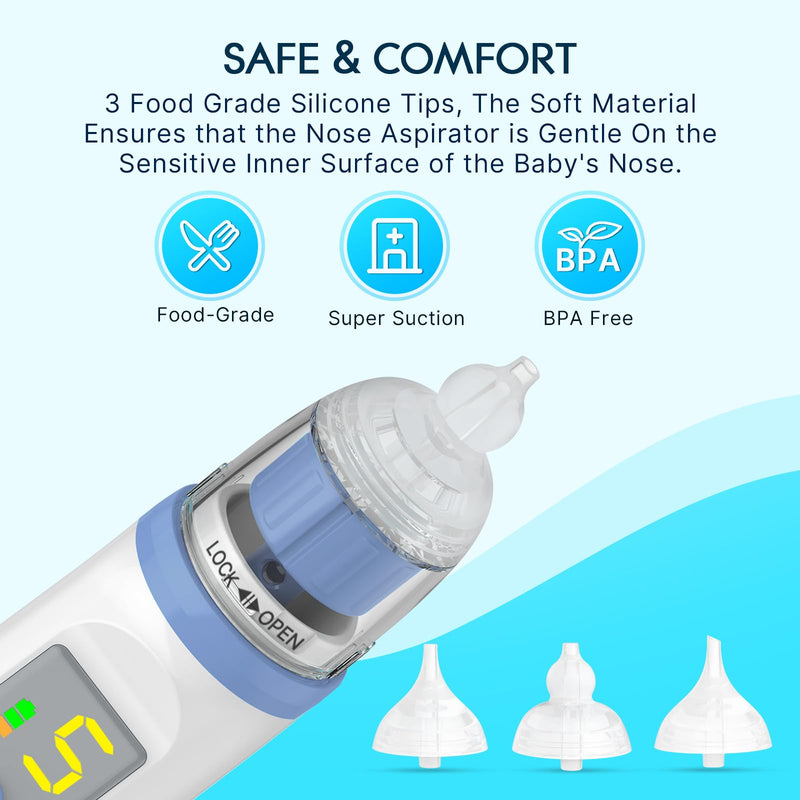[Australia] - Electric Nasal Aspirator for Baby, Nose Aspirator for Toddlers, Rechargeable Baby Nose Sucker, Nose Cleaner with 3 Silicone Tips, 5 Suction Levels, Music and Light Soothing FunctionÔºåBlue Blue 