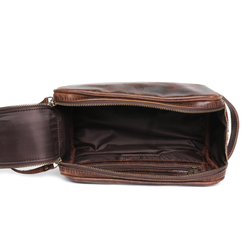 Toiletry Bag for Men – Genuine Leather Dopp Kit, Travel Organizer for Grooming Essentials, Large Shaving Kit Pouch, Durable Dark Brown Gift for Men