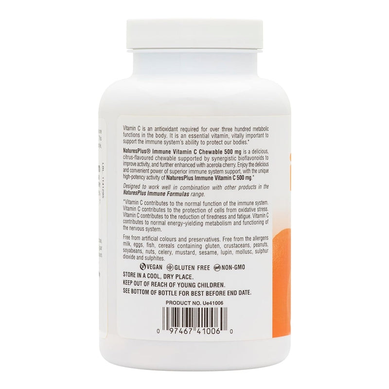 NaturesPlus Immune Chewable Vitamin C 500mg - Tasty Citrus Flavour - Gentle, Natural Vitamin C Tablets with Bioflavonoids - Immune Support - Vegan, Gluten Free - 60 Chewables