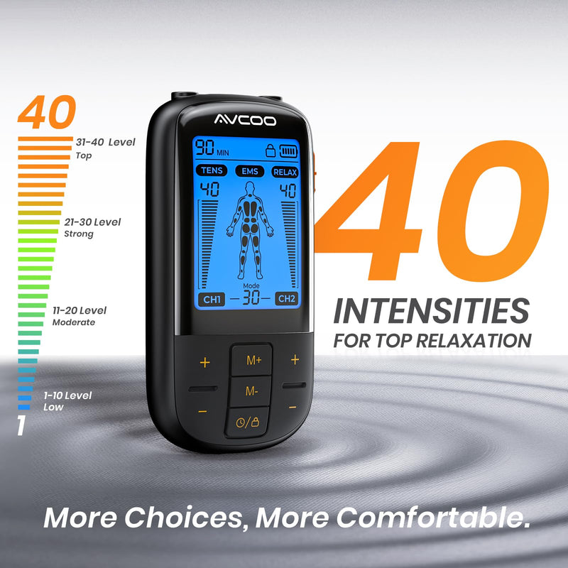 AVCOO 3-in-1 TENS Unit Muscle Stimulator with 30 Modes, 40 Intensities TENS Machine for Gradual Back Pain Relief Therapy, Rechargeable EMS Unit Massager with 12 TENS Electrode Pads, a Storage Bag Black