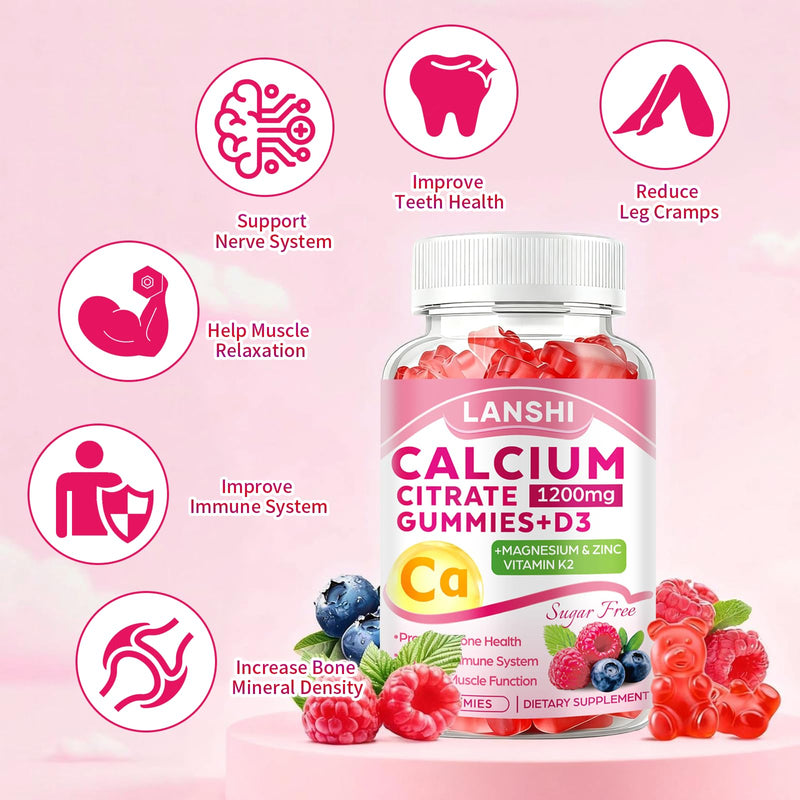Calcium Citrate Gummies 1200mg with Vitamin D3 & K2 Supplements for Women & Men, High Absorption Calcium Gummies Plus Magnesium, Zinc for Strong Bones & Immune Support Mixed Berry Flavor, 2 Pack 60 Count (Pack of 2)