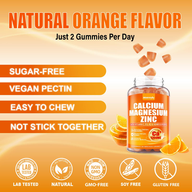 [Australia] - Calcium 1200 mg with Vitamin D3 Gummies for Adults - Calcium Citrate with Vitamin D3 K2, Magnesium, Zinc, Boron, Copper and Ashwagandha - Extra Absorption Calcium Supplement for Women Men Orange 60 Count (Pack of 2) 