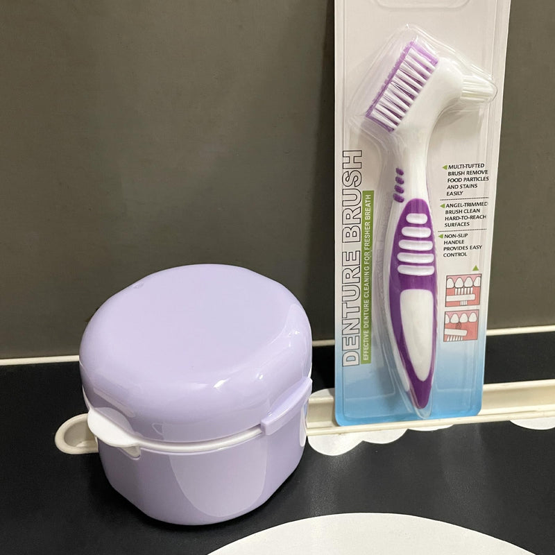 [Australia] - Denture Bath Case Cup Box Holder Storage Container with Denture Cleaner Brush Strainer Basket for Travel Cleaning(Purple) Purple 