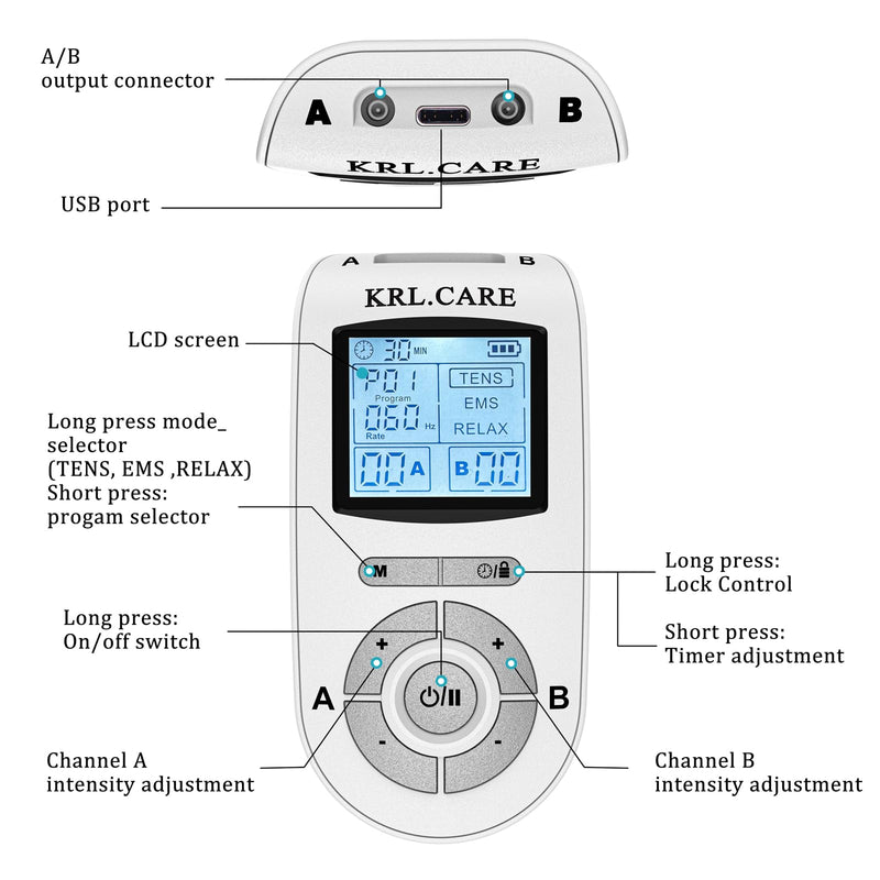 Dual Channel TENS EMS Unit 40 Intensities for Gradual Pain Relief Therapy, 24 Modes Muscle Stimulator, Electronic Pulse Massager with 8 Pads, Dust-Proof Drawstring Storage Bag