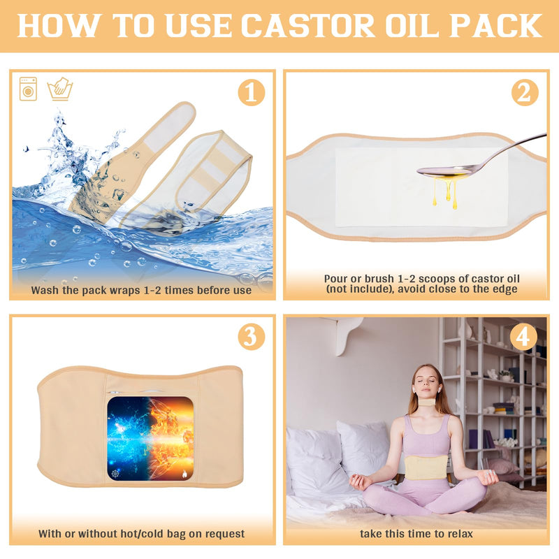 [Australia] - 4 PCs Castor Oil Wrap- Reusable Castor Oil Packs Kit Adjustable Elastic Castor Oil Cloth Safe Organic German Cotton Plus Size for Belly, Waist, Back and Neck Belly Pack 