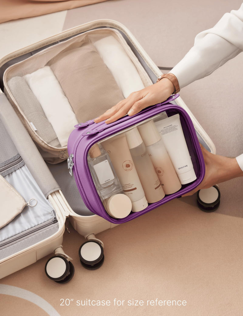 Clear Cosmetic Bag Double Layer Travel Toiletry Bag Clear Makeup Bag Case with 4 Compartments, Transparent Travel Bag for Toiletries, Large Toiletry Bag for Women Cosmetic Case (Purple, Large) Purple