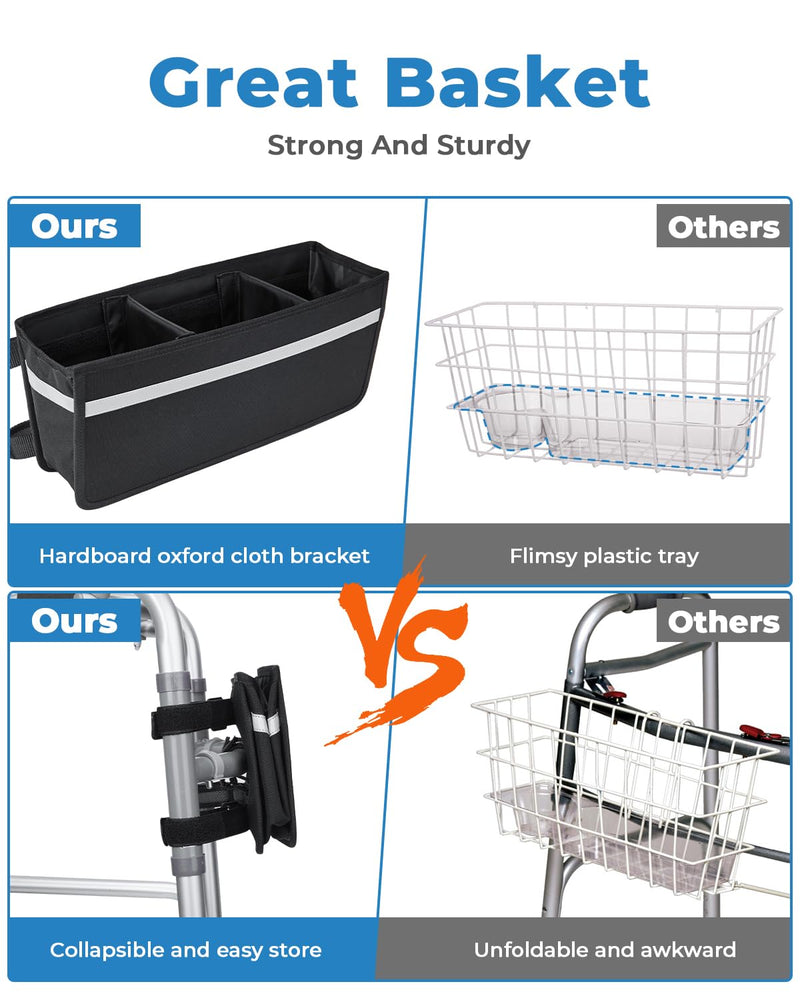 [Australia] - JOYTUTUS Walker Basket for Seniors, Basket for Walkers with Cup Holder, with Two Split Board, Foldable Walker Storage Bag, Best Gift for Family and Friends, Black (Not Fit Rollator Walkers) 