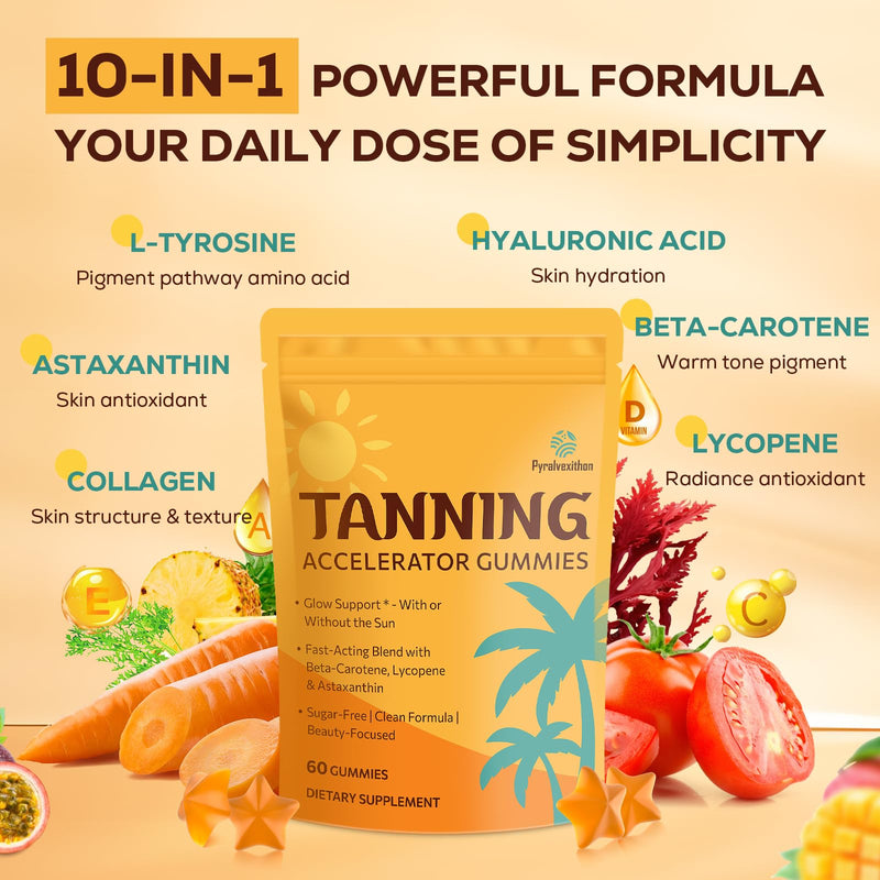 [Australia] - Tanning Gummies with Astaxanthin for Women and Men | Sunless Tanning Supplement with Beta Carotene, Lycopene, Collagen & Vitamins | Skin Radiance & Hydration | Vegan & Sugar Free - 60 Count 60 Count (Pack of 1) 