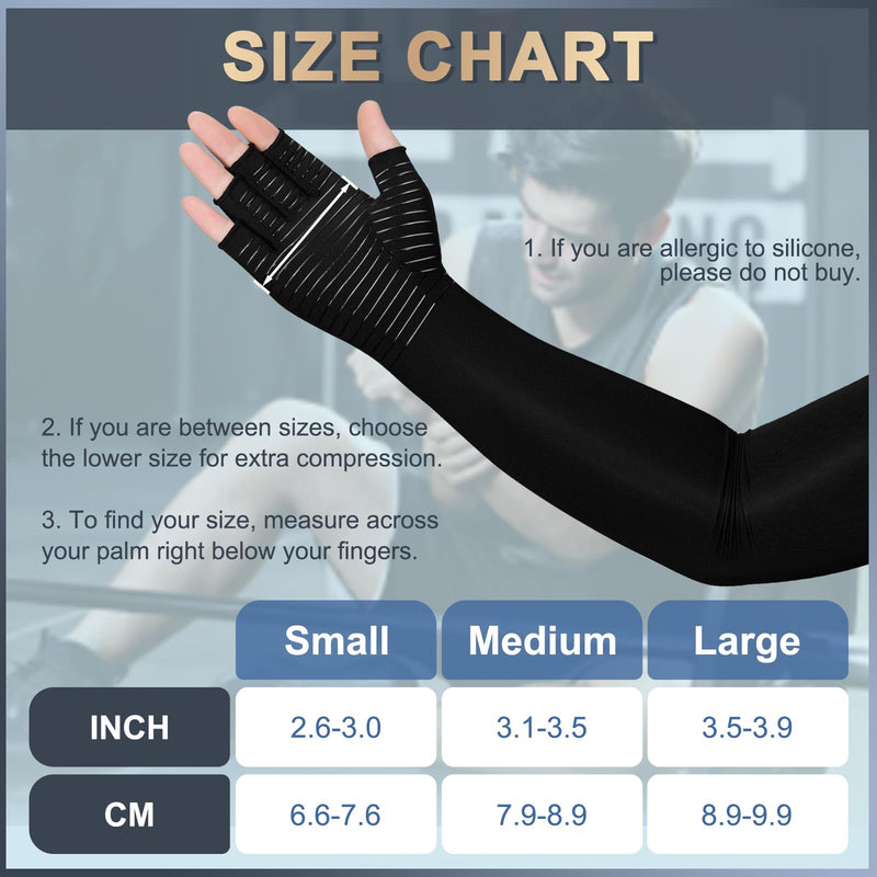[Australia] - Long Copper Compression Arthritis Gloves for Women & Men, Medical Arm & Hand Compression Gloves, Fingerless Pressuse Gloves, Hand Support Sleeves for Carpal Tunnel, Lymphedema, Hand Pain, Edema Black Large 