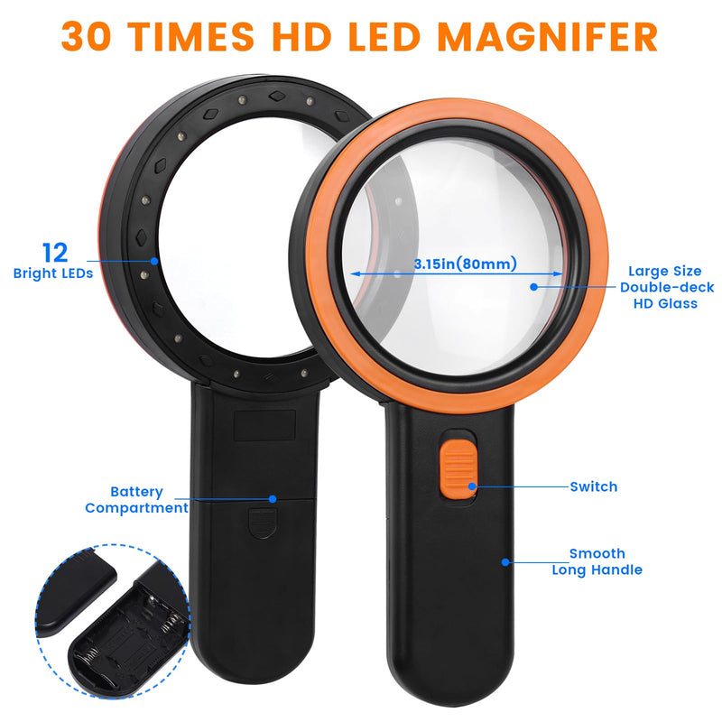 [Australia] - AIXPI Magnifying Glass with Light, 30x Reading Magnifier, 12 LEDs Magnifying Glass, Hand Magnifier Illuminated Magnifying Glass for Children, Seniors, Jewelers, Coins (Black) Black-12led 