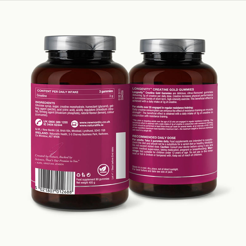 New Nordic Longevity Creatine Gold Gummies, 3g Creatine, Performance Support, Citrus Flavour, Vegan, 90 Gummies