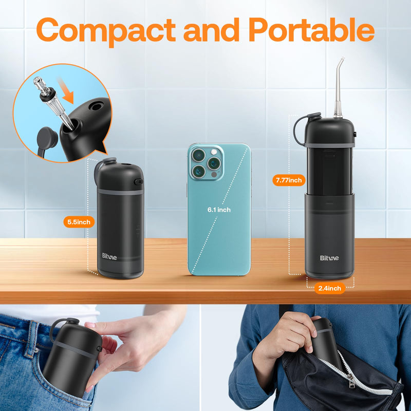[Australia] - Bitvae P1 Portable Water Flosser for Teeth, Travel Water Flosser Teeth Picks, Cordless Mini Water Dental Flosser with Telescopic Water Tank, IPX7 Waterproof Rechargeable Oral Irrigator (Black) Black 