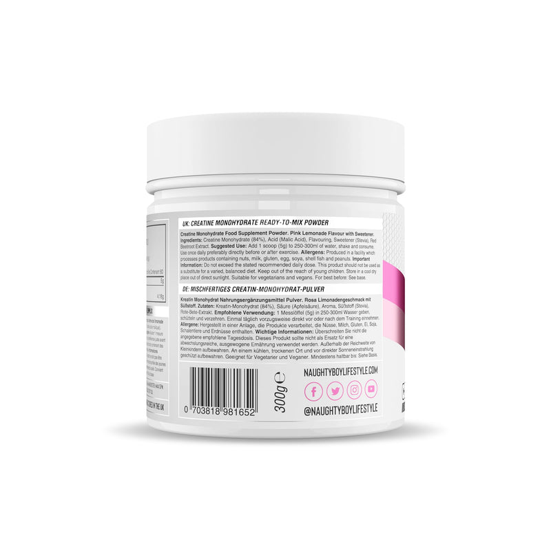 Naughty Boy Micronised Creatine Monohydrate Powder, Creatine Supplement for Strength, Power & Performance, Vegan Friendly, 300g, 60 Servings, Pink Lemonade