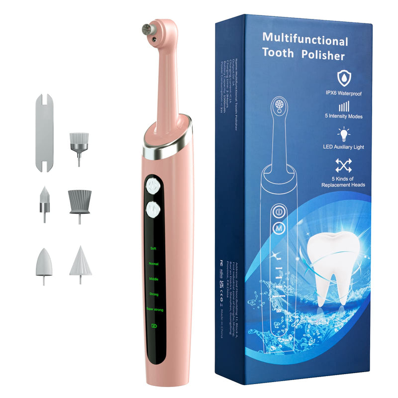 Tooth Polisher,Electric Tooth Polisher Professional with 5 Replacement Heads & 5 Cleaning Modes,USB Rechargeable,Ipx6 Waterproof, Pulidor De Dientes Electrico for Adults & Kids Pink