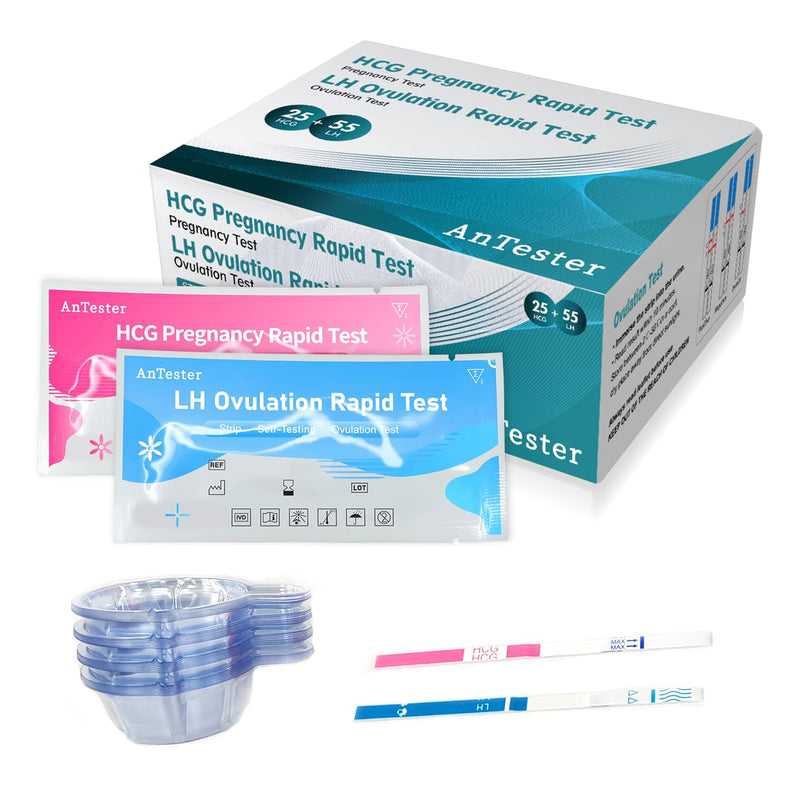 55 Ovulation Test Strips and 25 Pregnancy Test Strips 10mIU/mL Combo Kit for Women-with 70 Urine Cups (55 LH + 25 HCG)