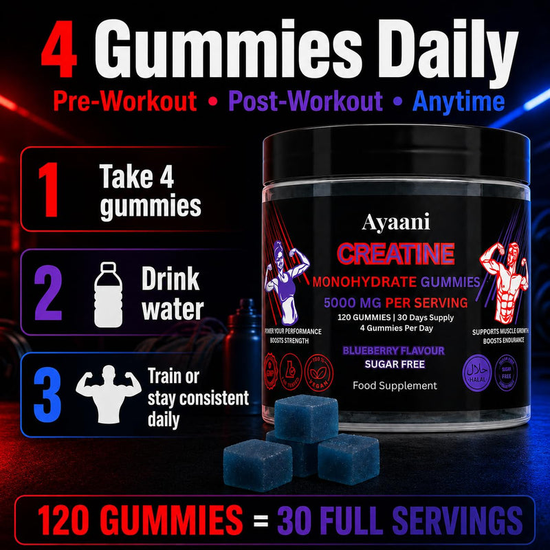 Creatine Gummies 5000mg | Real 5g Lab-Tested Creatine Monohydrate Dose | Sugar Free Vegan Halal Blueberry Gummies | No Powder, Scoop or Shaker | Strength, Power & Muscle Gains | 120