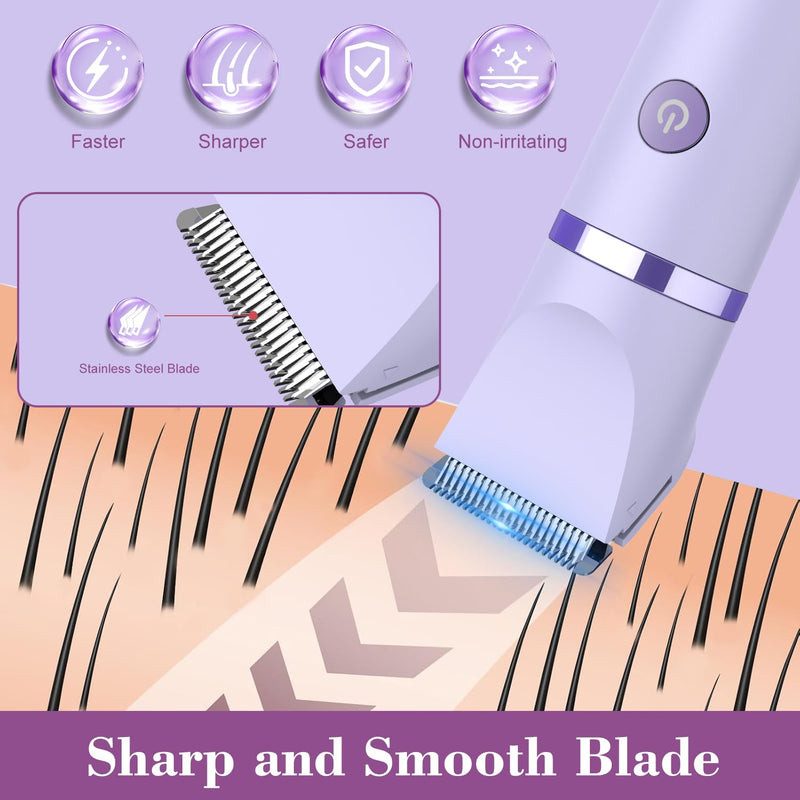 [Australia] - 3-in-1 Electric Razor IPX7 Waterproof Bikini Trimmer Wet & Dry Use Painless Personal Trimmer Groomer for Ladies Face Body Legs Bikini Public Hairs Electric Lady Shaver with Replaceable Heads Purple 