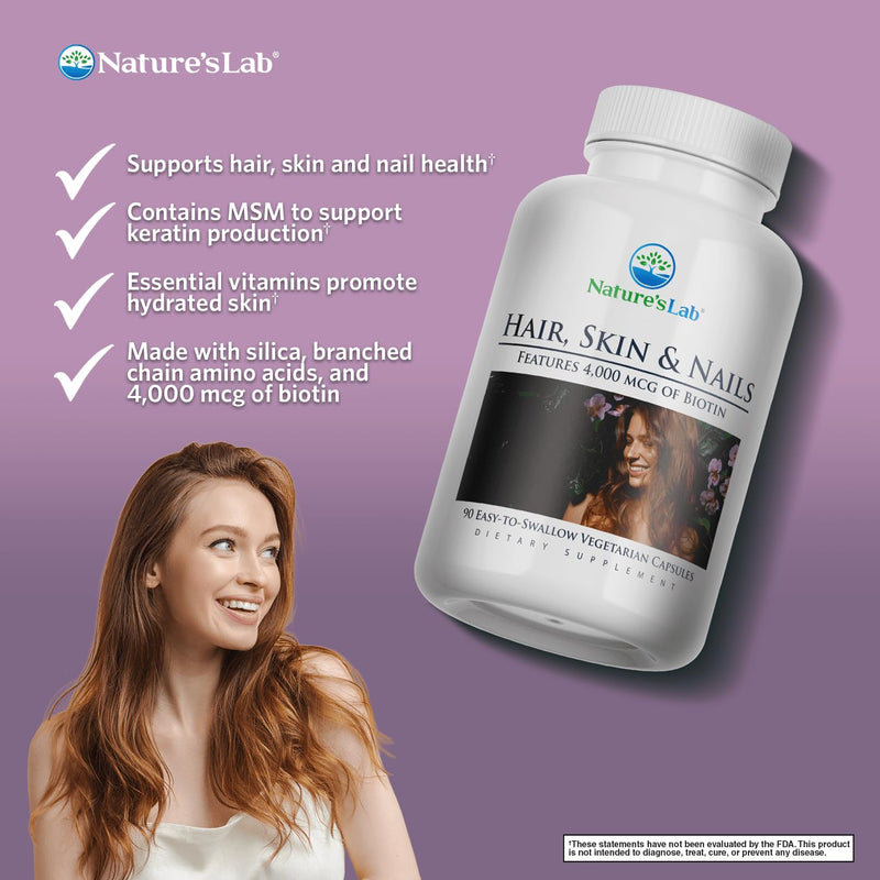 Nature's Lab Hair Skin and Nails - Biotin, BCAA, MSM, Vitamin Complex - 90 Ct (90 Day Supply) (Pack of 2) 90 Count (Pack of 2)