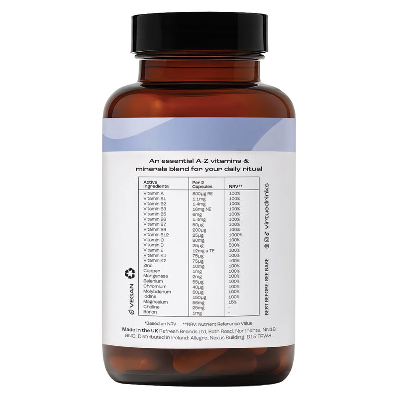 Virtue Daily Ritual A–Z Vitamins | 22 Essential Vitamins & Minerals | Comprehensive Daily Multivitamin | 60 Vegan Capsules