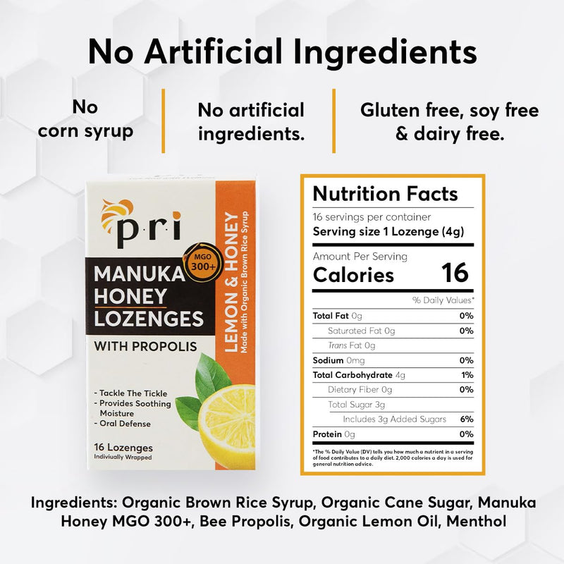 [Australia] - P.R.I Manuka Honey Lozenges with Propolis, Soothing Cough and Throat Drops, MGO 300+ Certified, (Lemon, 16 Count) Lemon 1-Pack 