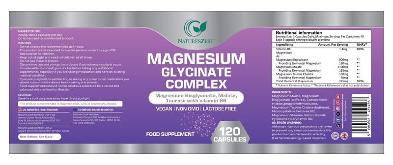 Magnesium Glycinate Complex -120 Capsules -Magnesium Glycinate Bisglycinate, Malate, Taurate with Vitamin B6, Non-GMO, Lactose Free, Muscle, Energy & Sleep Support | Vegan, Non GMO | 40 Days Supply