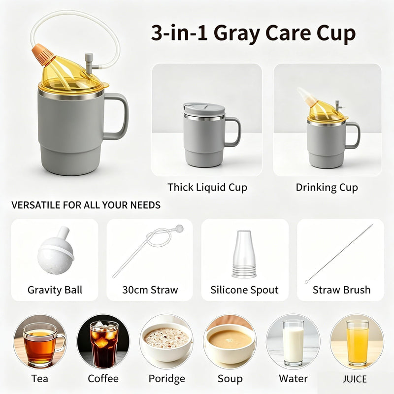 4 in 1 Sippy Cup for Adults, 500ml Adult Sippy Cups for The Elderly Non Spill, Anti Choke Spill Proof Cups with Lid, Long Straw, Sip Spout, & Straw Brush, Beakers for Seniors, Disabled, Dysphagia-Grey