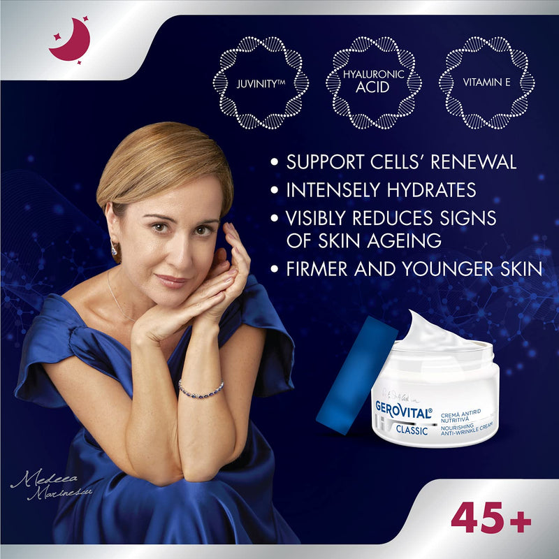 Gerovital CLASSIC Nourishing Anti-Wrinkle Night Face Cream with Hyaluronic Acid, Juvinity™ and Vitamin E, Regenerates and Hydrates the Skin, Anti-Aging Face Cream, 50 ml