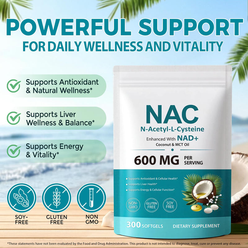 NAC 600mg with NAD+ Supplement – Antioxidant for Cellular Energy & Glutathione Support – Liver Wellness for Daily Stress, Diet & Lifestyle – MCT Oil Softgels – 300 Count, 100 Day Supply – Non-GMO